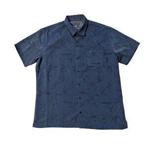 Mens Large Blue Hawaiian Shirt Bamboo Leaf Print Short Sleeve Button Down